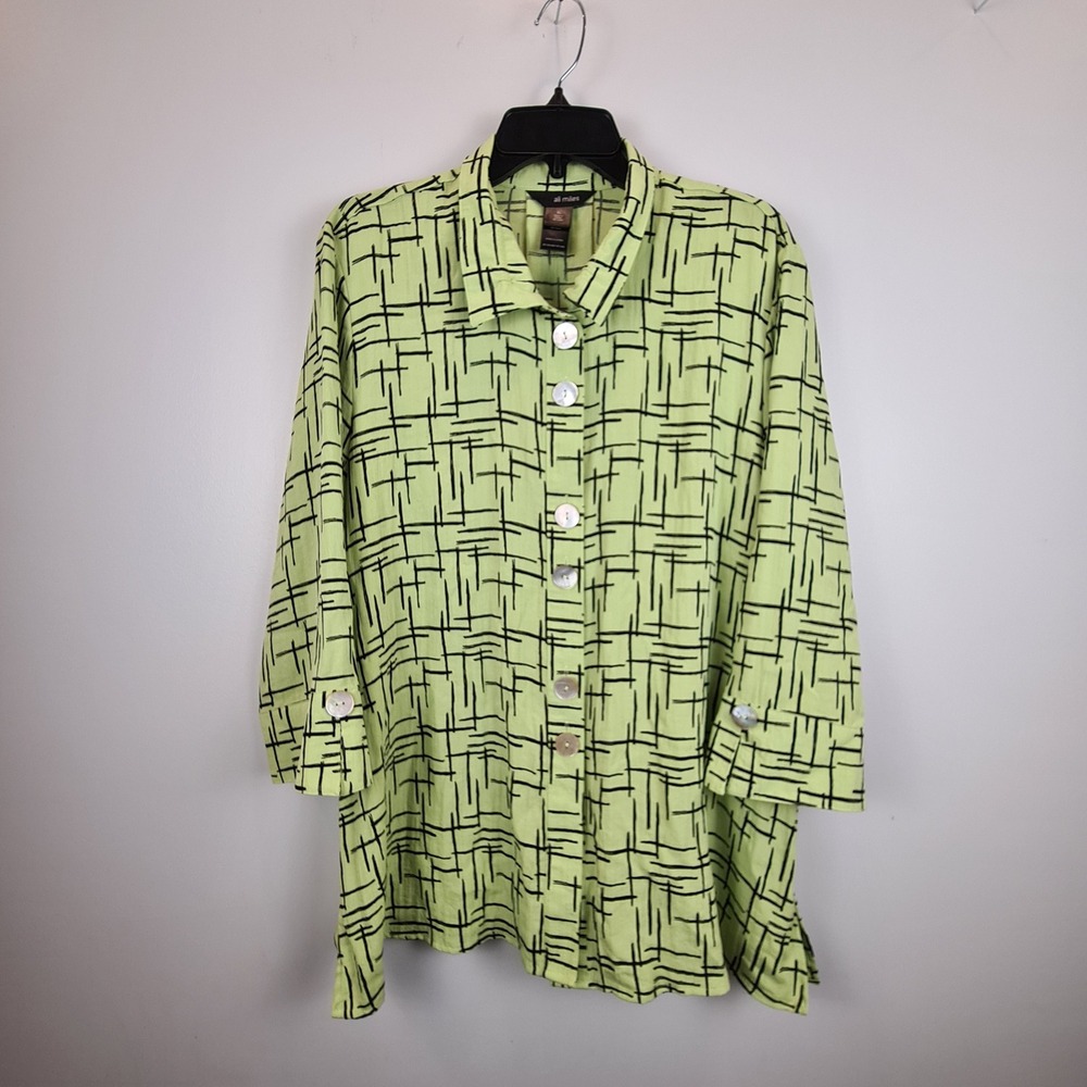 Ali Miles Womens XL Lime Green Black Abstract Grid Button Down Tunic Blouse 3/4